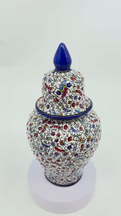 handcrafted ceramic jar,ottoman vase with lid,turkish pottery jar,floral embossed jar,decorative storage jar,artisan ceramic vase,gift idea