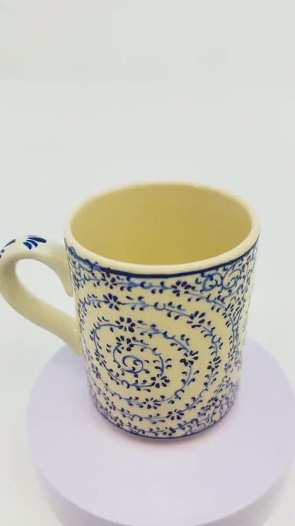 Hand-Painted Turkish Ceramic Mug – Blue Floral Spiral Design, Unique Coffee or Tea Cup, Perfect Gift for Art and Tea Lovers
