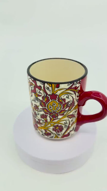 Hand-Painted Turkish Ceramic Mug – Red Floral Design, Unique Coffee or Tea Cup, Perfect Gift for Art Lovers